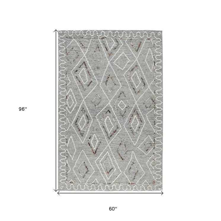 5' X 8' Gray Ivory And Rust Wool Geometric Hand Hooked Area Rug