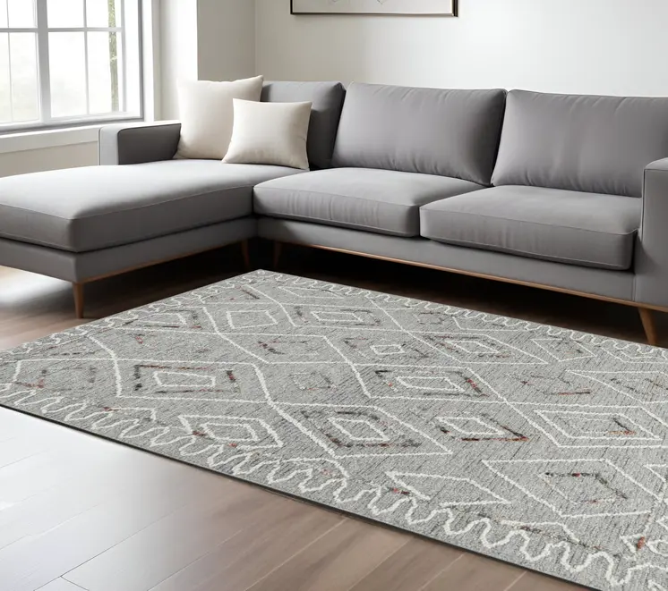 8' X 10' Gray Ivory And Rust Wool Geometric Hand Hooked Area Rug
