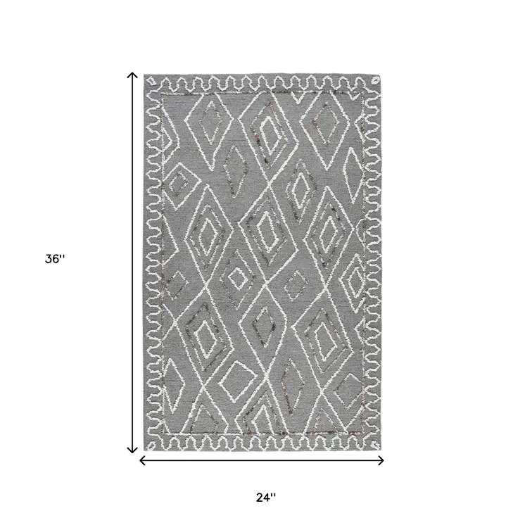 2' X 3' Dark Gray Ivory And Rust Wool Geometric Hand Hooked Area Rug