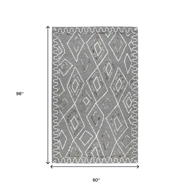 5' X 8' Dark Gray Ivory And Rust Wool Geometric Hand Hooked Area Rug