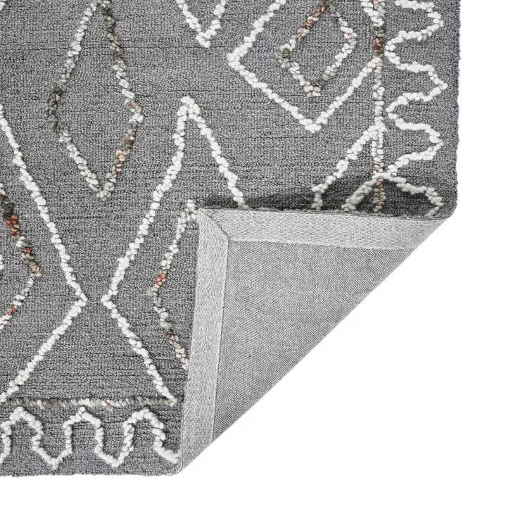 5' X 8' Dark Gray Ivory And Rust Wool Geometric Hand Hooked Area Rug