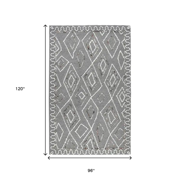 8' X 10' Dark Gray Ivory And Rust Wool Geometric Hand Hooked Area Rug