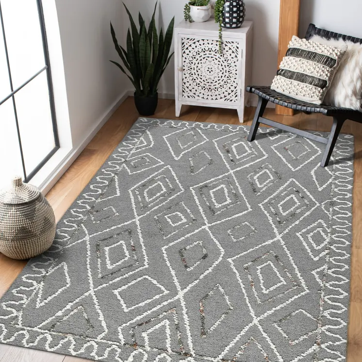 8' X 10' Dark Gray Ivory And Rust Wool Geometric Hand Hooked Area Rug
