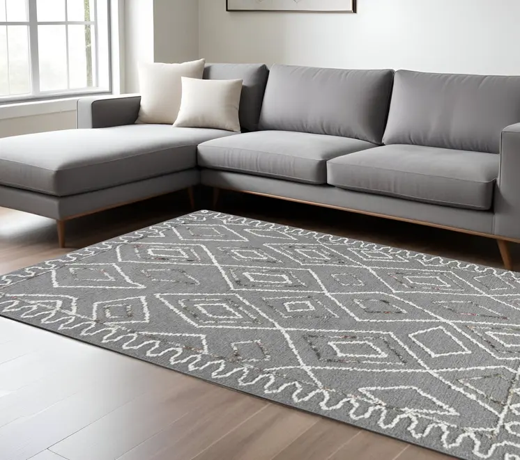 9' X 13' Dark Gray Ivory And Rust Wool Geometric Hand Hooked Area Rug