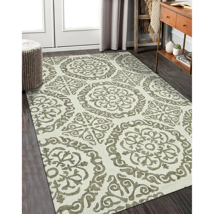 5' X 7' Ivory And Light Brown Wool Medallion Hand Hooked Area Rug