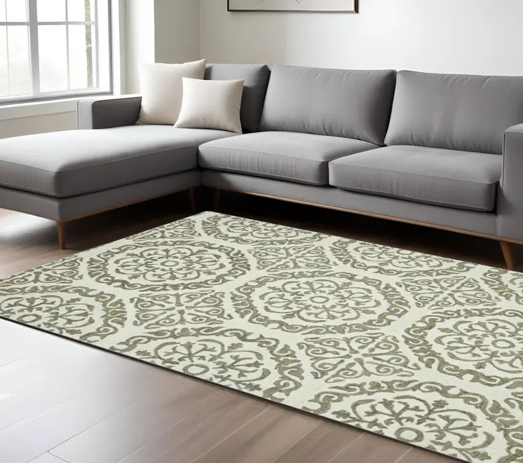 8' X 11' Ivory And Light Brown Wool Medallion Hand Hooked Area Rug