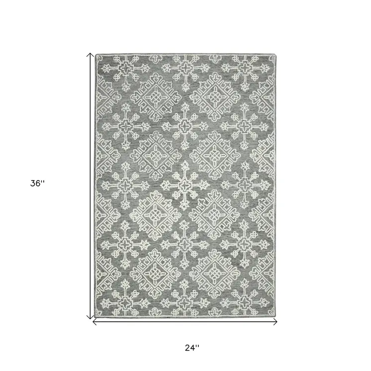 2' X 3' Gray And Ivory Wool Oriental Hand Hooked Area Rug