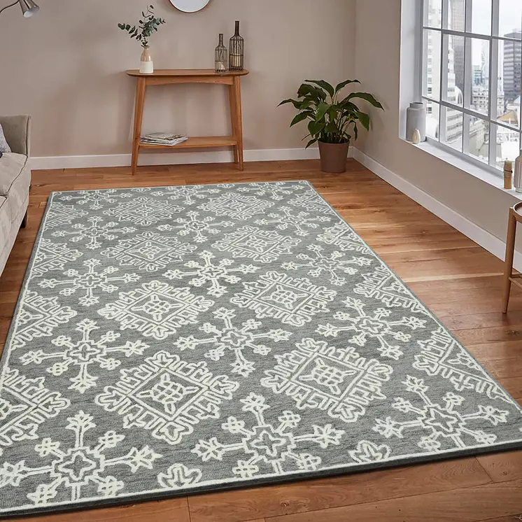 5' X 7' Gray And Ivory Wool Oriental Hand Hooked Area Rug