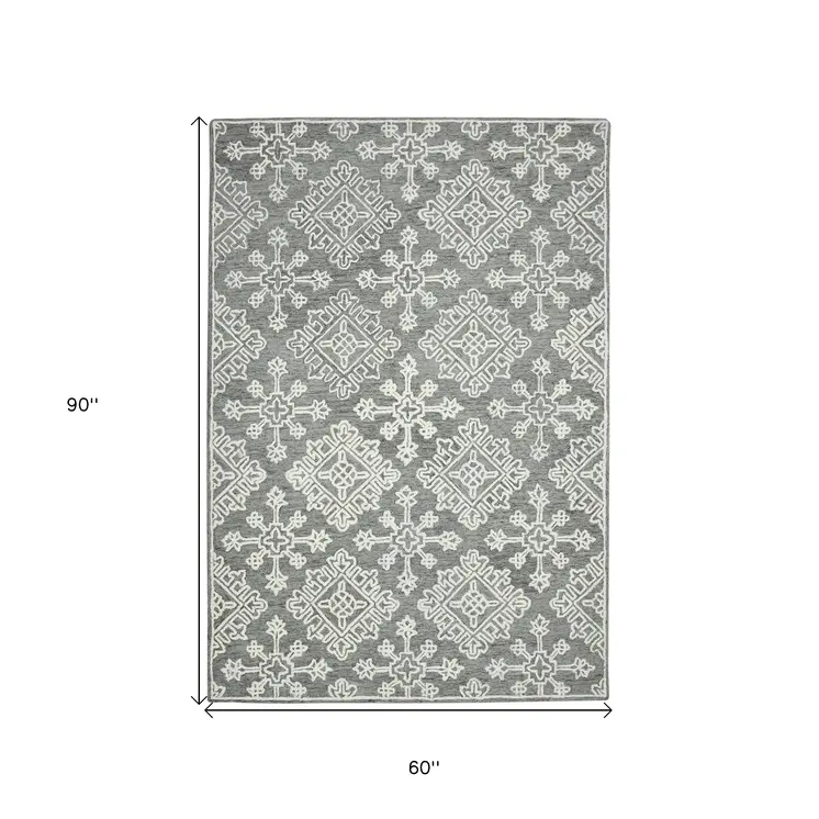 5' X 7' Gray And Ivory Wool Oriental Hand Hooked Area Rug