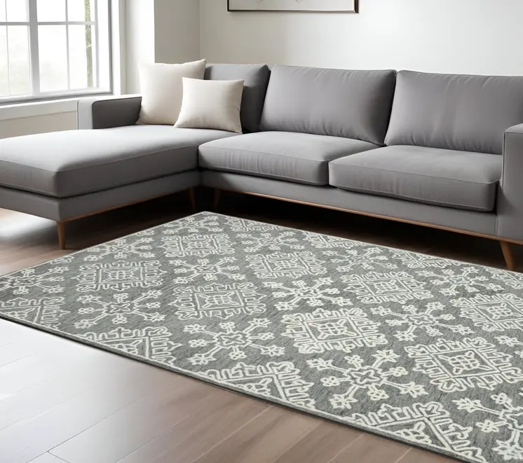 8' X 10' Gray And Ivory Wool Oriental Hand Hooked Area Rug