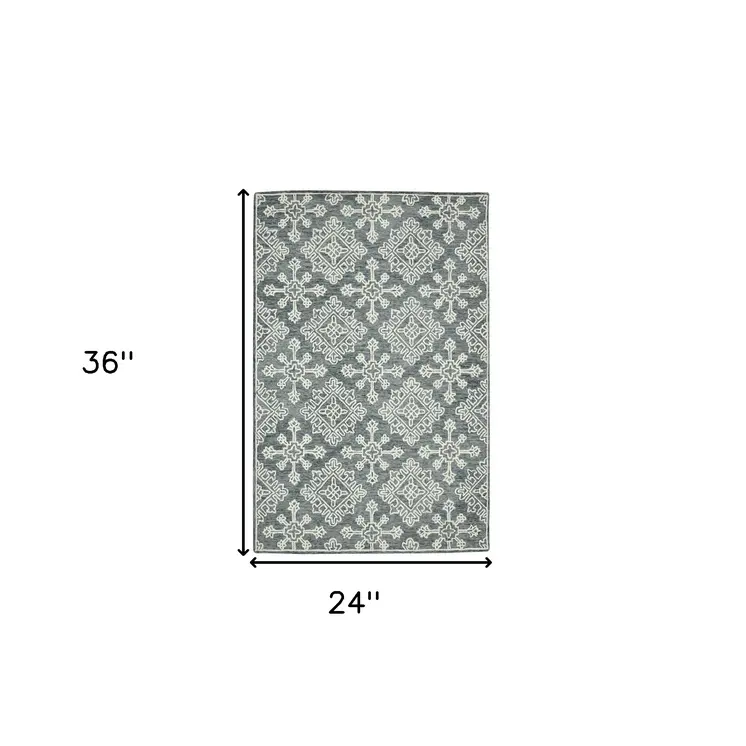 2' X 3' Dark Gray And Ivory Wool Oriental Hand Hooked Area Rug