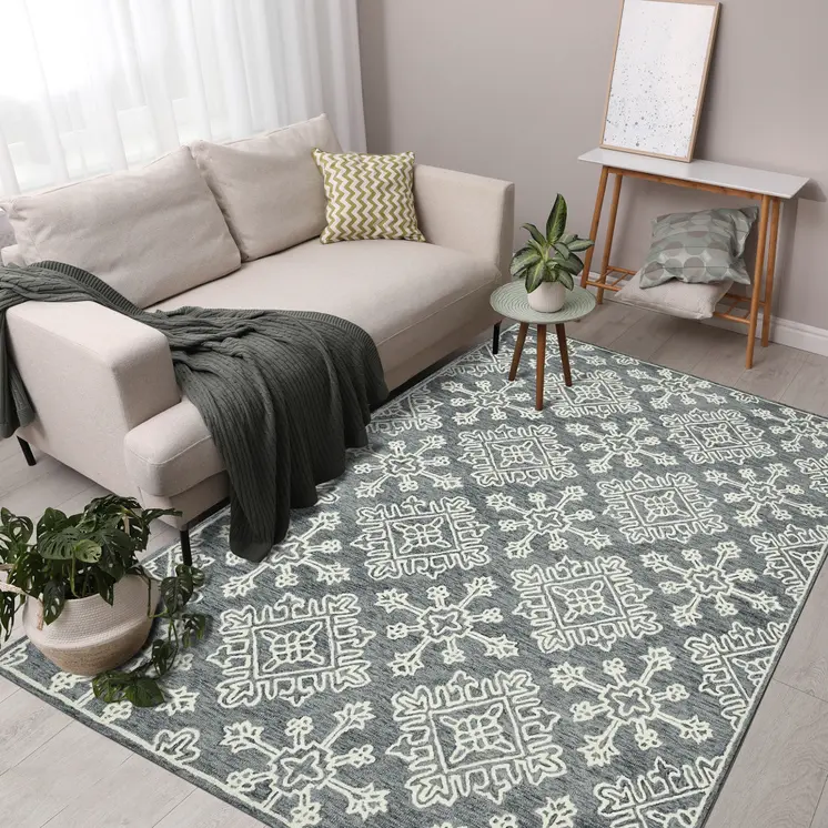 8' X 10' Dark Gray And Ivory Wool Oriental Hand Hooked Area Rug