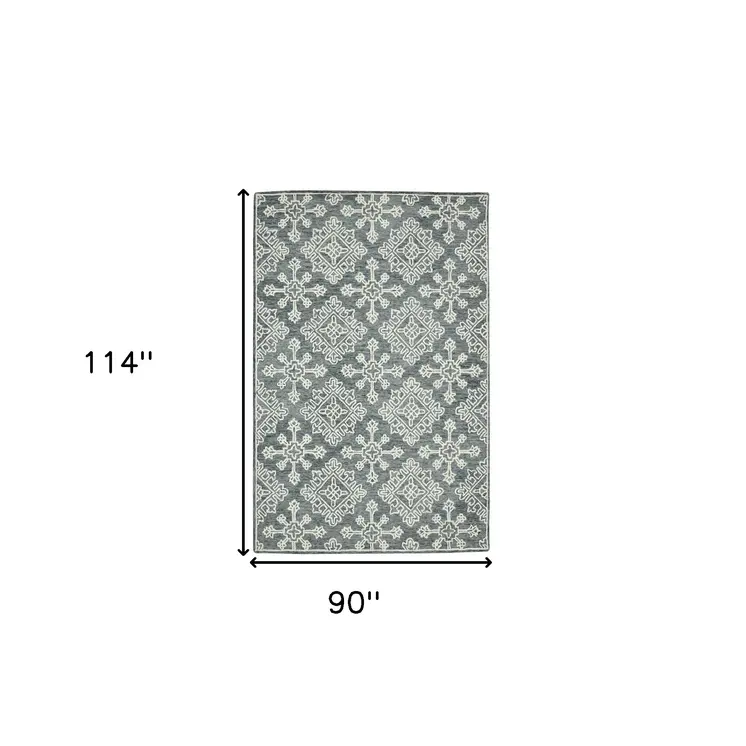 8' X 10' Dark Gray And Ivory Wool Oriental Hand Hooked Area Rug
