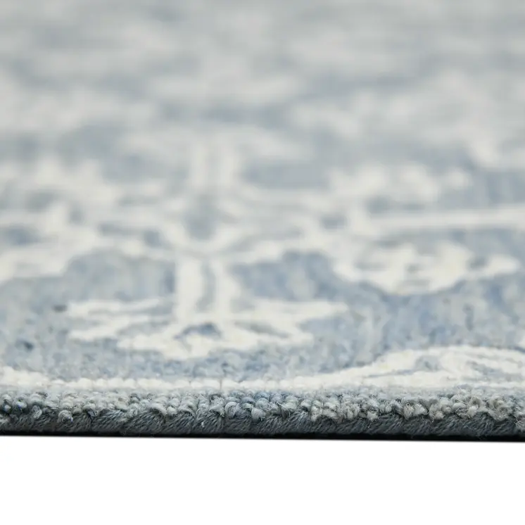 2' X 3' Sky Blue And Ivory Wool Oriental Hand Hooked Area Rug