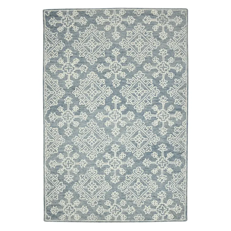 5' X 7' Sky Blue And Ivory Wool Oriental Hand Hooked Area Rug