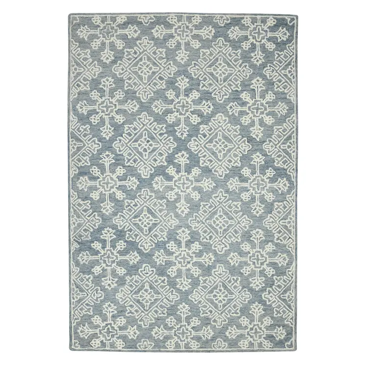 8' X 10' Sky Blue And Ivory Wool Oriental Hand Hooked Area Rug