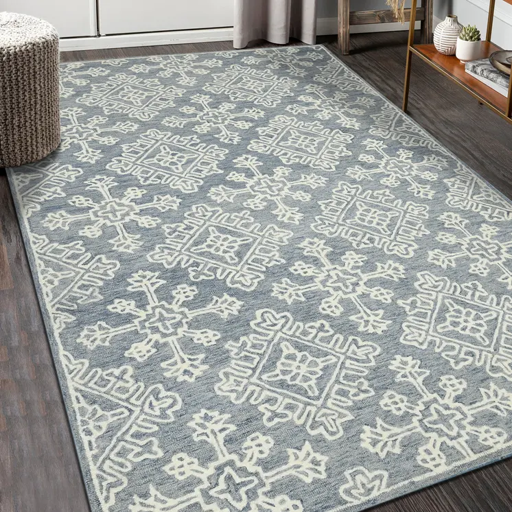 8' X 10' Sky Blue And Ivory Wool Oriental Hand Hooked Area Rug