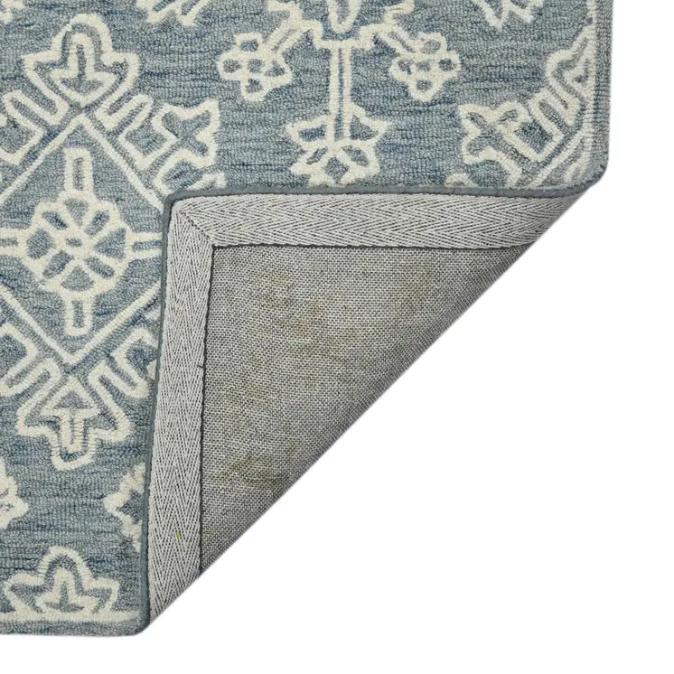 8' X 10' Sky Blue And Ivory Wool Oriental Hand Hooked Area Rug