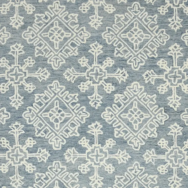 8' X 10' Sky Blue And Ivory Wool Oriental Hand Hooked Area Rug