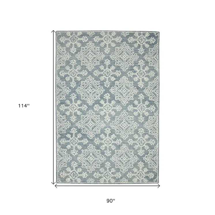 8' X 10' Sky Blue And Ivory Wool Oriental Hand Hooked Area Rug