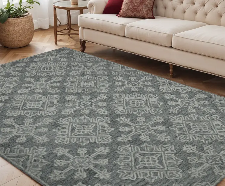 5' X 7' Graphite And Gray Wool Oriental Hand Hooked Area Rug