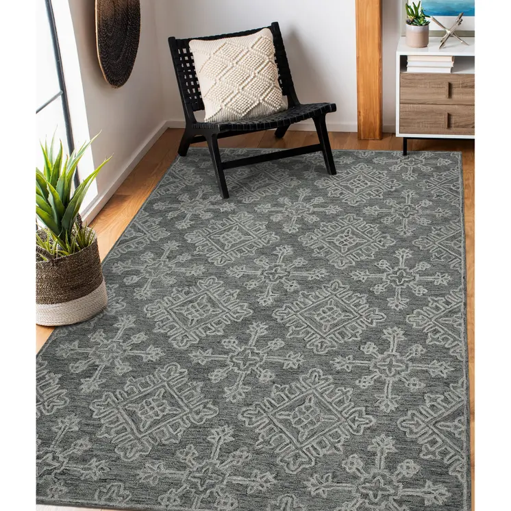 5' X 7' Graphite And Gray Wool Oriental Hand Hooked Area Rug