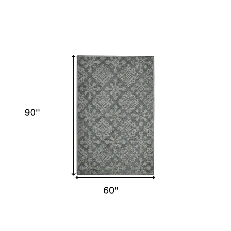 5' X 7' Graphite And Gray Wool Oriental Hand Hooked Area Rug