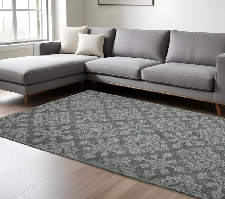 8' X 10' Graphite And Gray Wool Oriental Hand Hooked Area Rug
