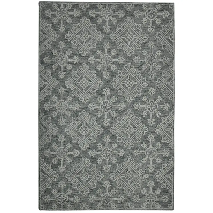 8' X 10' Graphite And Gray Wool Oriental Hand Hooked Area Rug