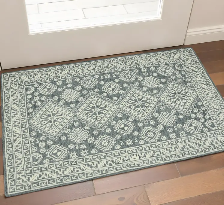 2' X 3' Slate Gray And Ivory Wool Oriental Hand Hooked Area Rug