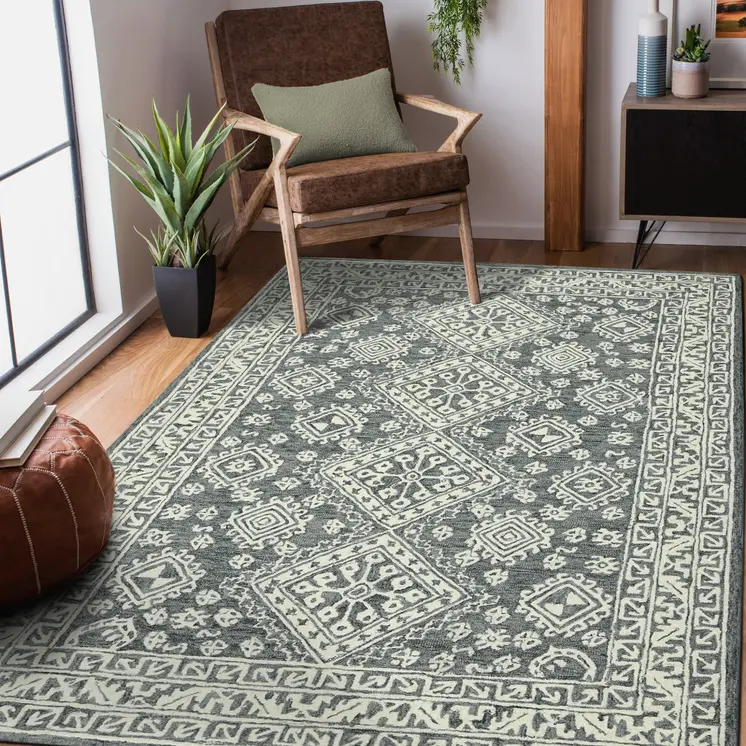2' X 3' Slate Gray And Ivory Wool Oriental Hand Hooked Area Rug
