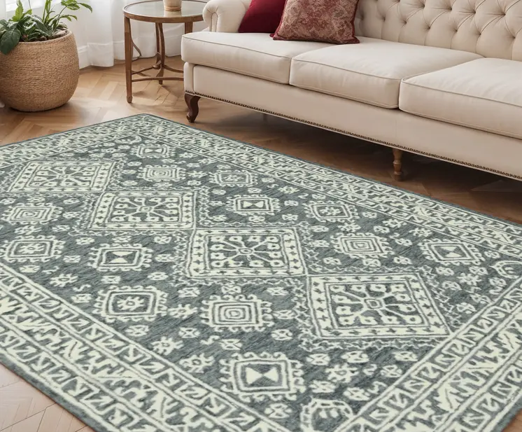 5' X 7' Slate Gray And Ivory Wool Oriental Hand Hooked Area Rug