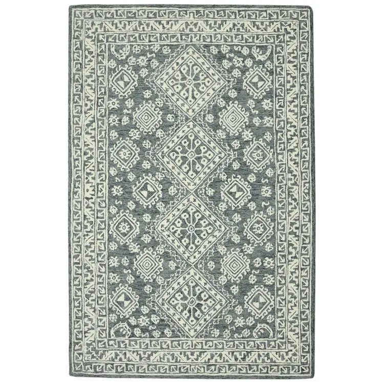 8' X 10' Slate Gray And Ivory Wool Oriental Hand Hooked Area Rug