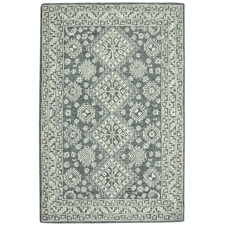 8' X 10' Slate Gray And Ivory Wool Oriental Hand Hooked Area Rug