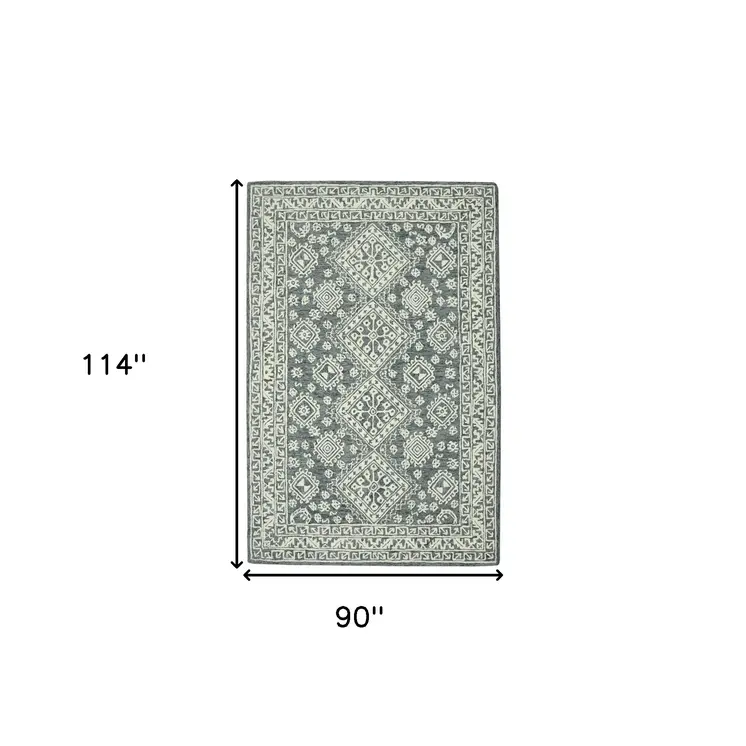 8' X 10' Slate Gray And Ivory Wool Oriental Hand Hooked Area Rug