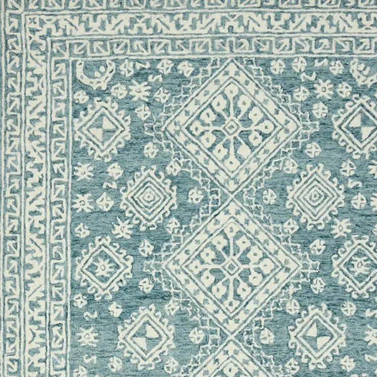 8' X 10' Aqua And Ivory Wool Oriental Hand Hooked Area Rug