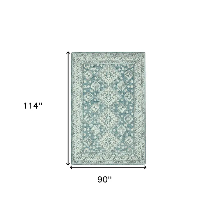 8' X 10' Aqua And Ivory Wool Oriental Hand Hooked Area Rug
