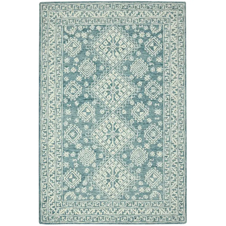 8' X 11' Aqua And Ivory Wool Oriental Hand Hooked Area Rug