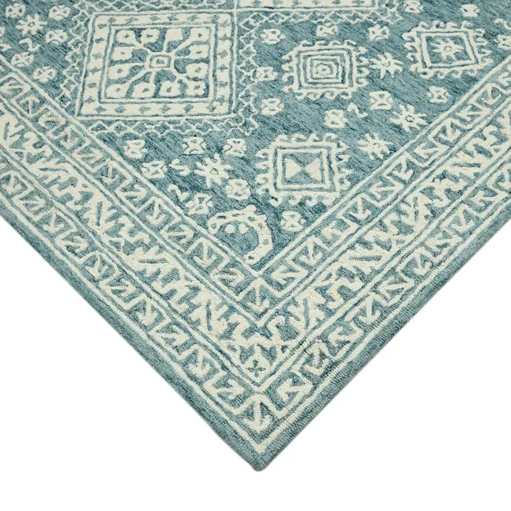 8' X 11' Aqua And Ivory Wool Oriental Hand Hooked Area Rug