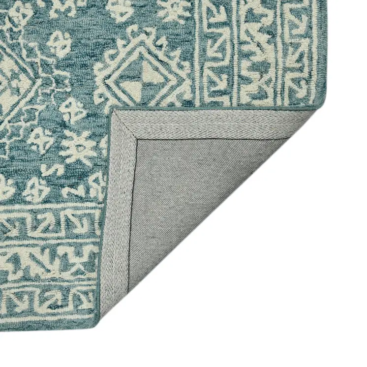 8' X 11' Aqua And Ivory Wool Oriental Hand Hooked Area Rug