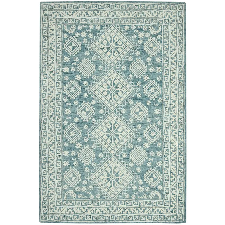 8' X 11' Aqua And Ivory Wool Oriental Hand Hooked Area Rug