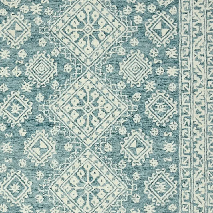 8' X 11' Aqua And Ivory Wool Oriental Hand Hooked Area Rug