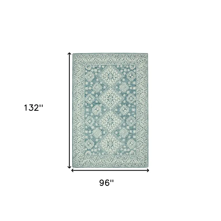 8' X 11' Aqua And Ivory Wool Oriental Hand Hooked Area Rug