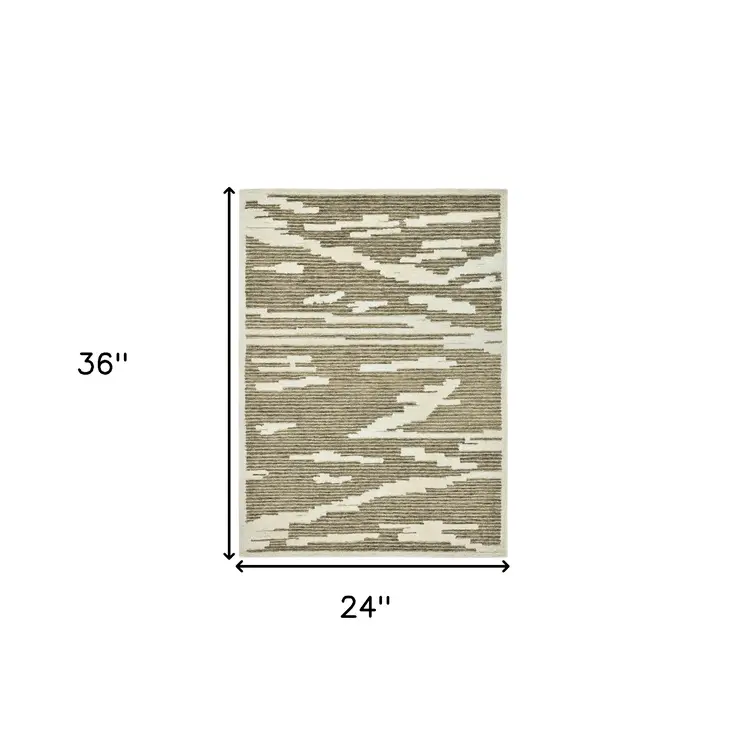 2' X 3' Beige And Brown Wool Abstract Hand Hooked Area Rug