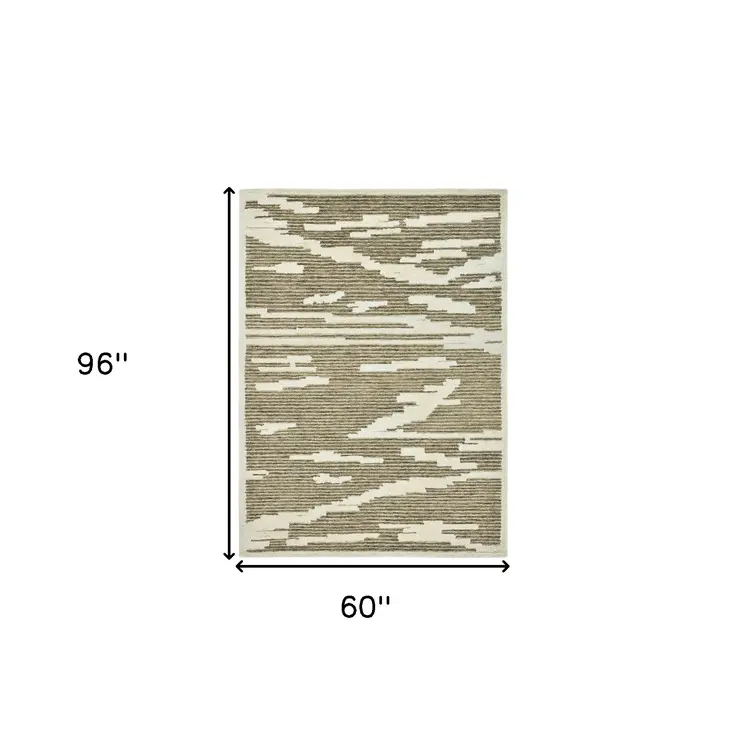 5' X 8' Beige And Brown Wool Abstract Hand Hooked Area Rug