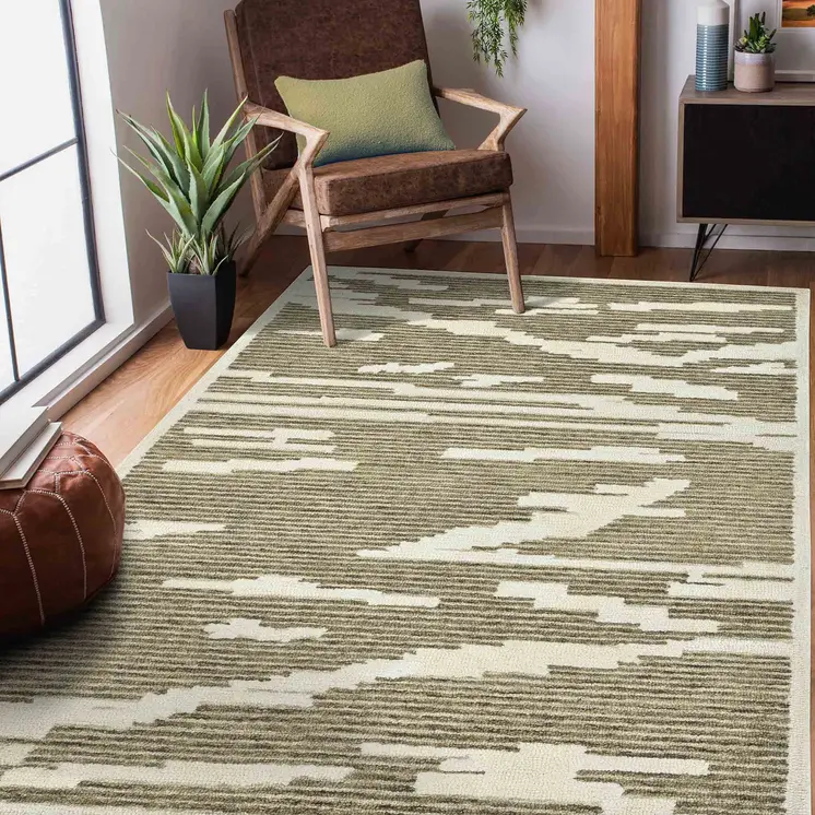 5' X 8' Beige And Brown Wool Abstract Hand Hooked Area Rug