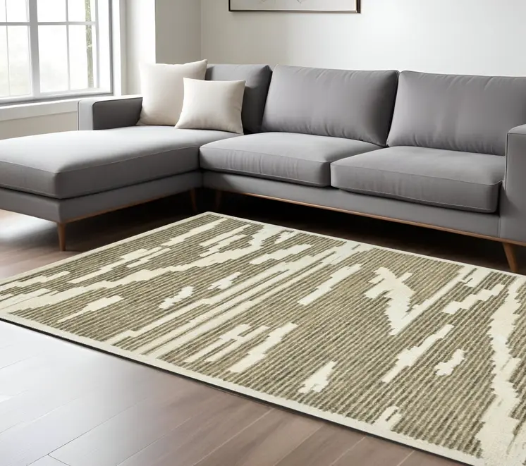 9' X 13' Beige And Brown Wool Abstract Hand Hooked Area Rug