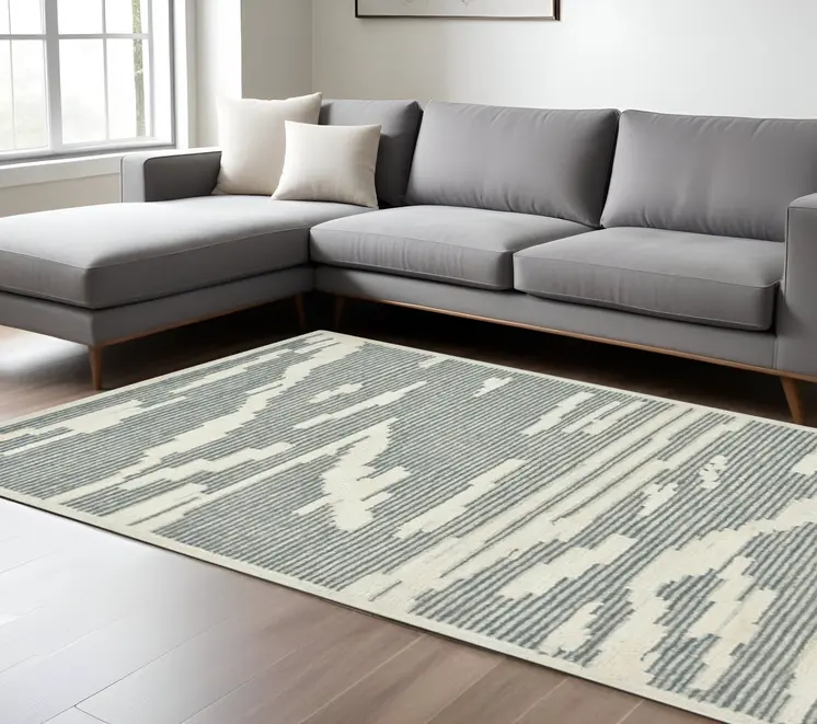 9' X 13' Gray And Ivory Wool Abstract Hand Hooked Area Rug