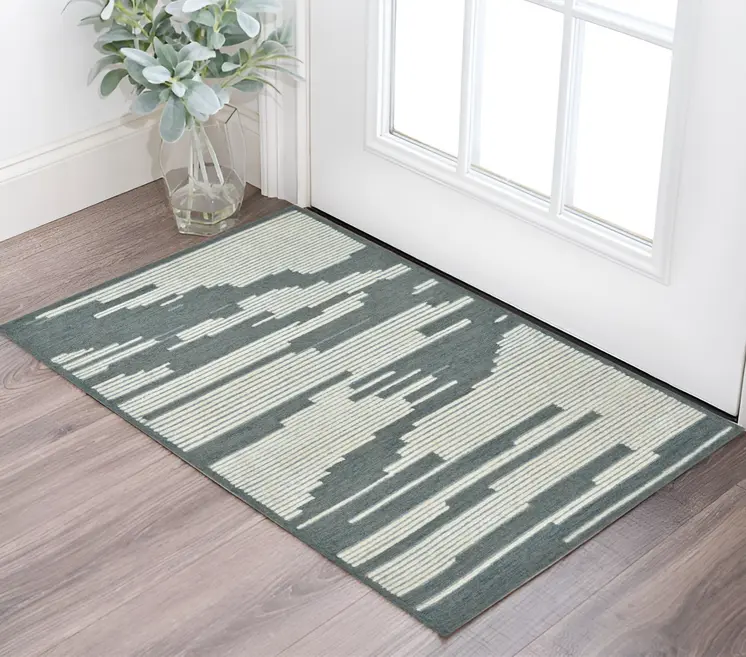 2' X 3' Blue And Ivory Wool Abstract Hand Hooked Area Rug