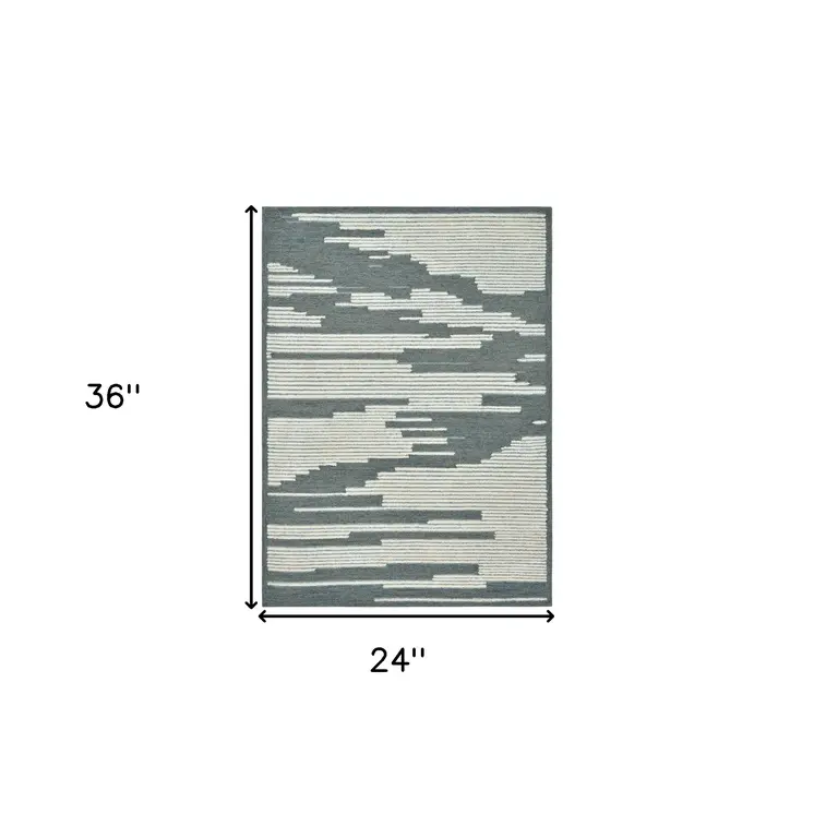 2' X 3' Blue And Ivory Wool Abstract Hand Hooked Area Rug